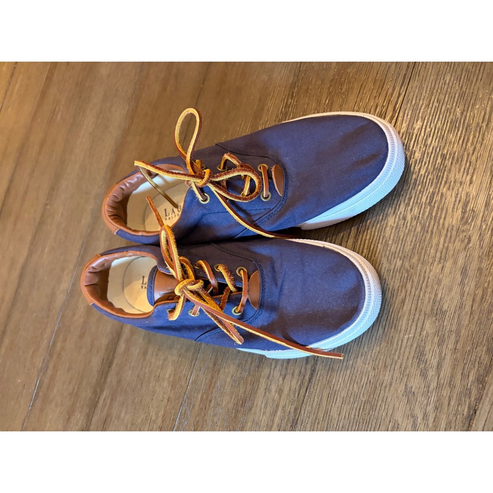 Lauren Ralph Lauren Sneakers Women Navy Blue Canvas Leather Trim RL Logo Shoes